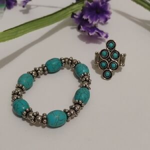 Brand New Turquoise Beaded Necklace and Bracelet Set with Antique Gold Accents